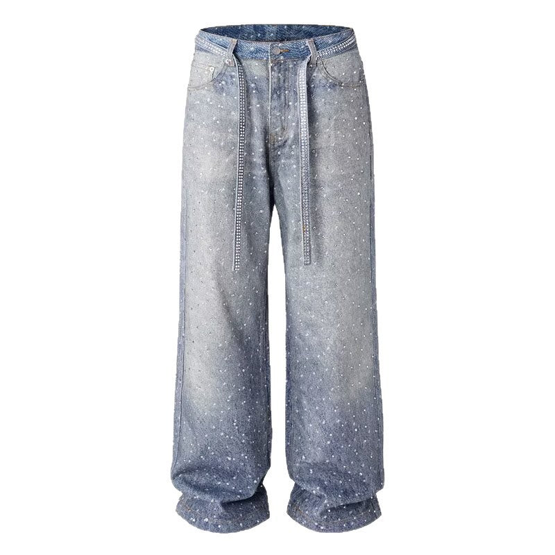 Men's Sparkling Diamond-Encrusted Jeans with Diamond Belt - High Street Style Long Pants