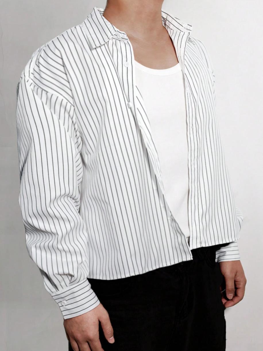 Men's striped shirt, loose-fitting long-sleeved solid color shirt