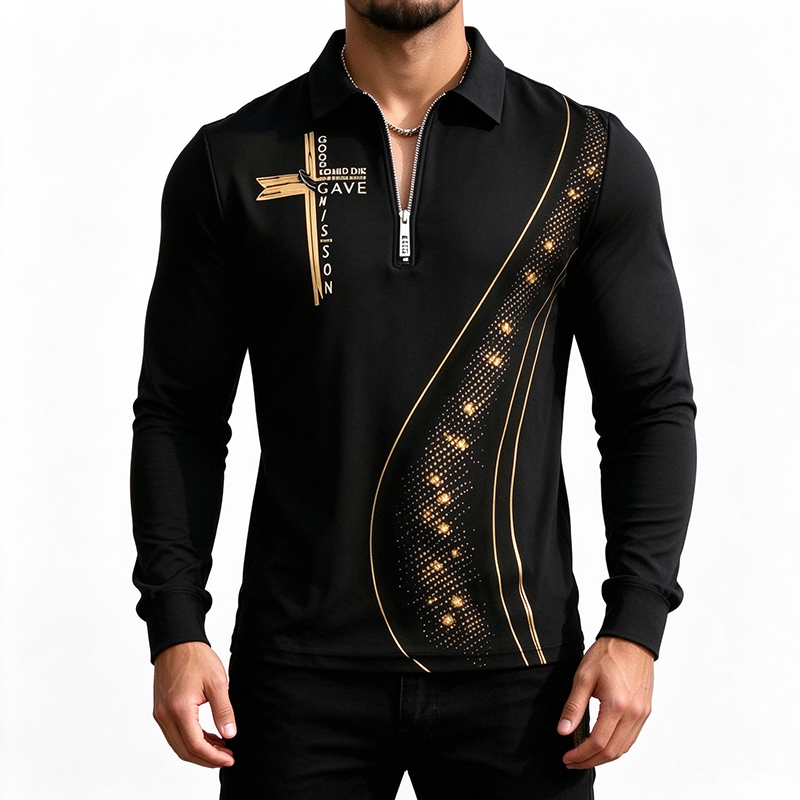 Mens Half Zip Gold Print Polo