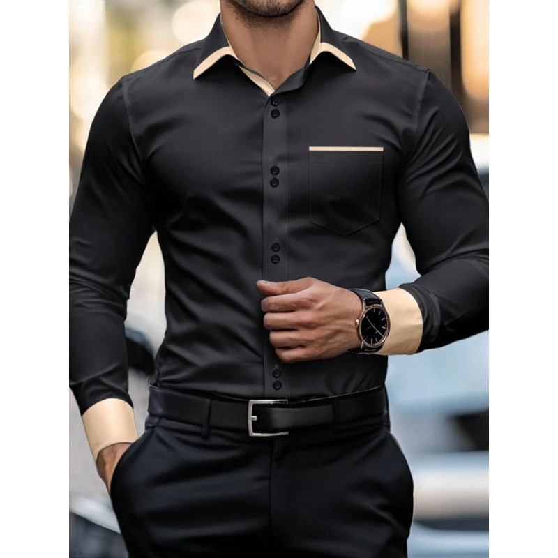 Men's Fashion Color Block Business Lapel Long-Sleeve Shirt