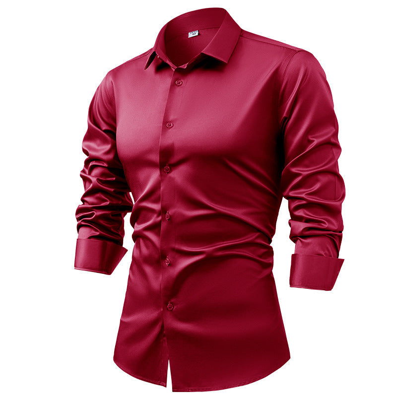 Men's silk satin long-sleeved dress shirt, business casual button-down shirt