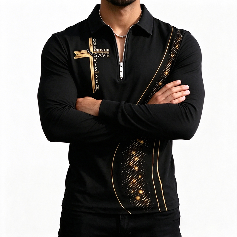 Mens Half Zip Gold Print Polo