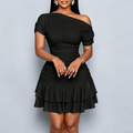 Solid Asymmetrical Shoulder Ruffle Hem Mini Dress