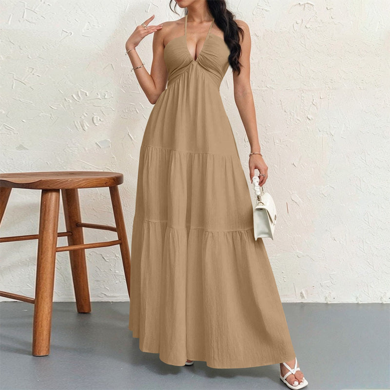 Backless halter-neck layered flowing long dress