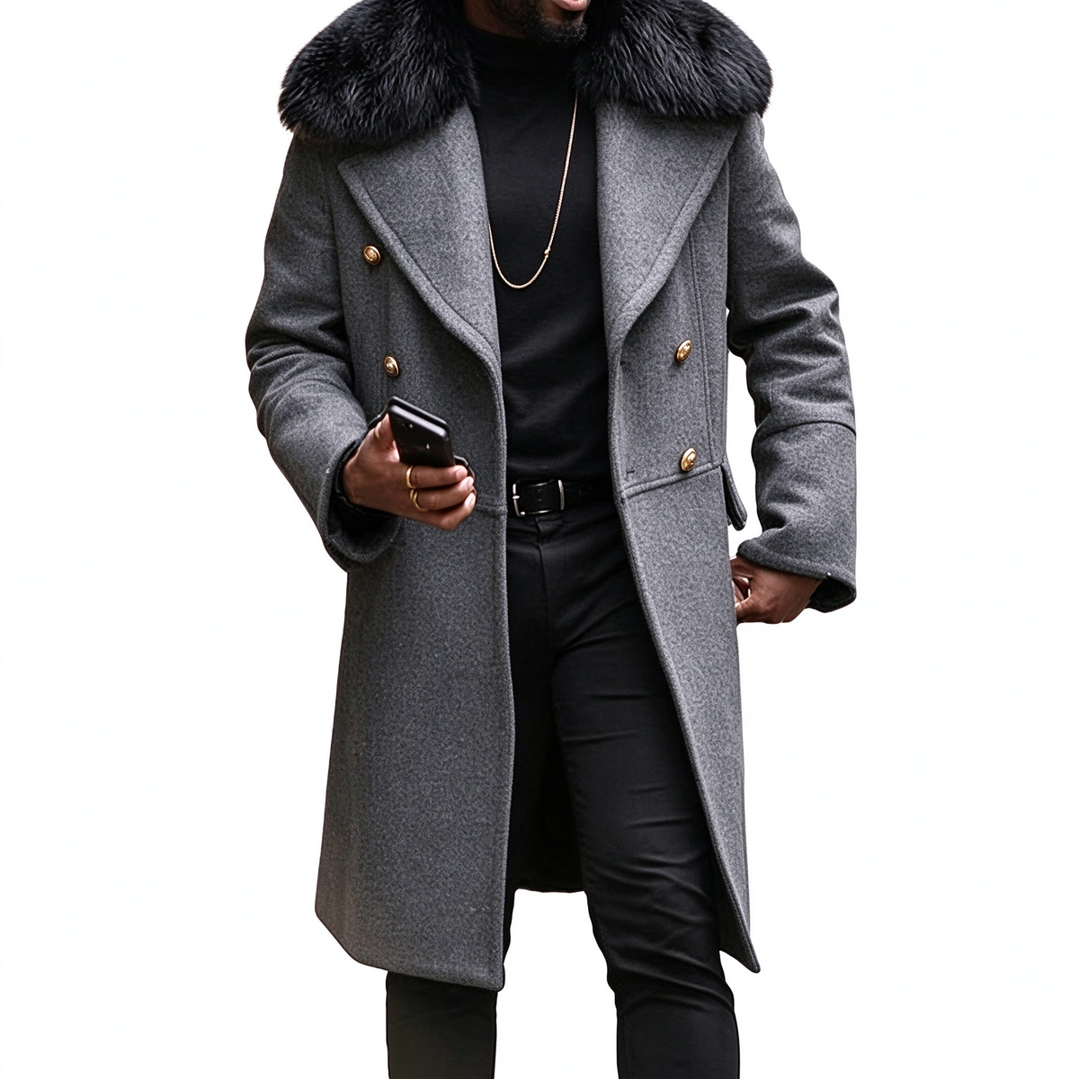 Classic Furry Collar Long Winter Coat For Men