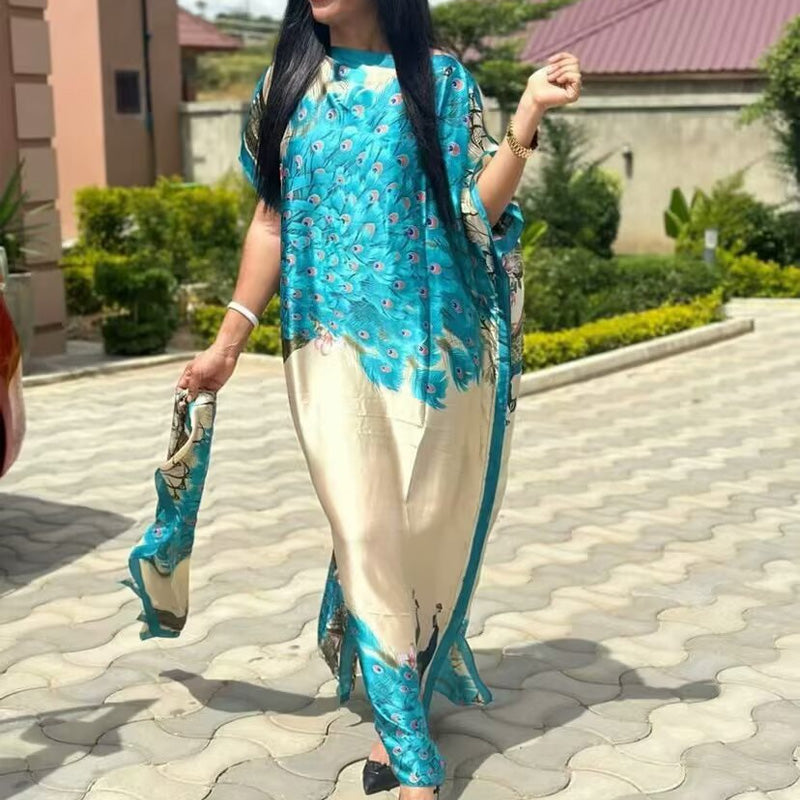 Satin Geometric Print Long Dress Set