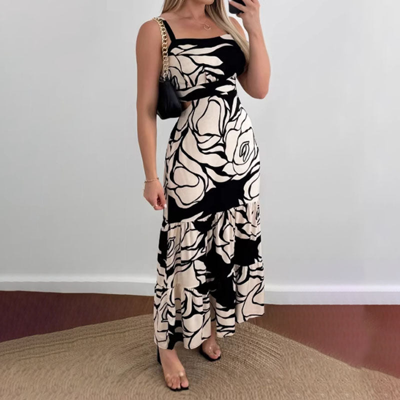 Tropical Leaf-Print Cutout Ruffle Maxi Dress