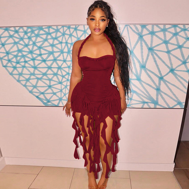 Halter neck ruffled fitted dress