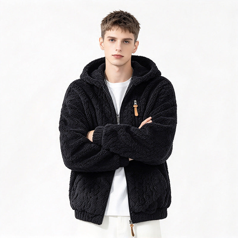 Men's fleece-lined hooded loose-fitting jacket
