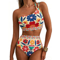 Retro floral one-shoulder high-waisted bikini set