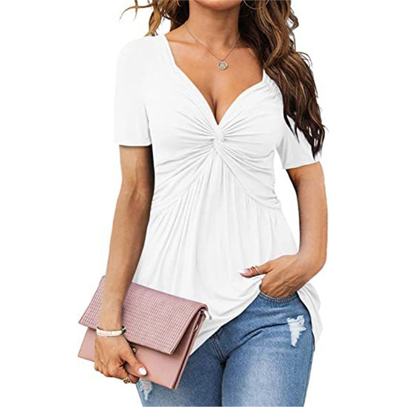 V-neck ruffled knotted short-sleeved top