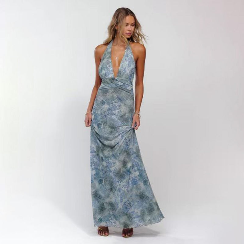 Floral print halter neck backless tie-up maxi dress