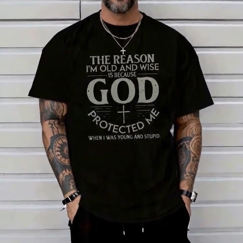 Men's  cotton crew neck "GOD" printed casual short-sleeved shirt
