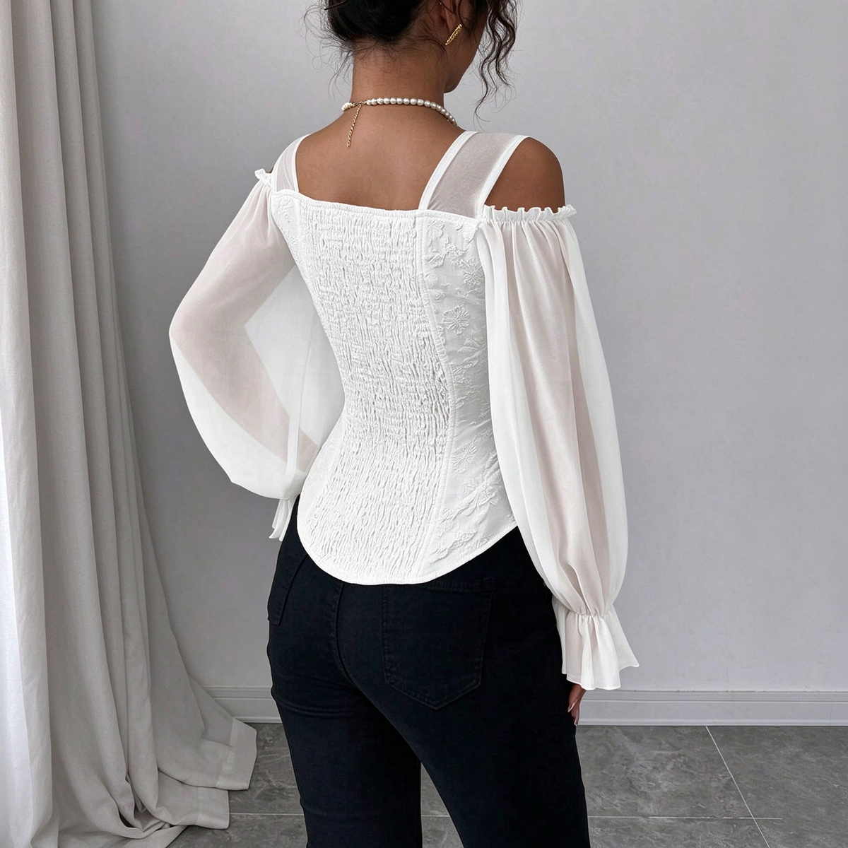 Ladies Elegant Cold Shoulder Floral Jacquard Shirt