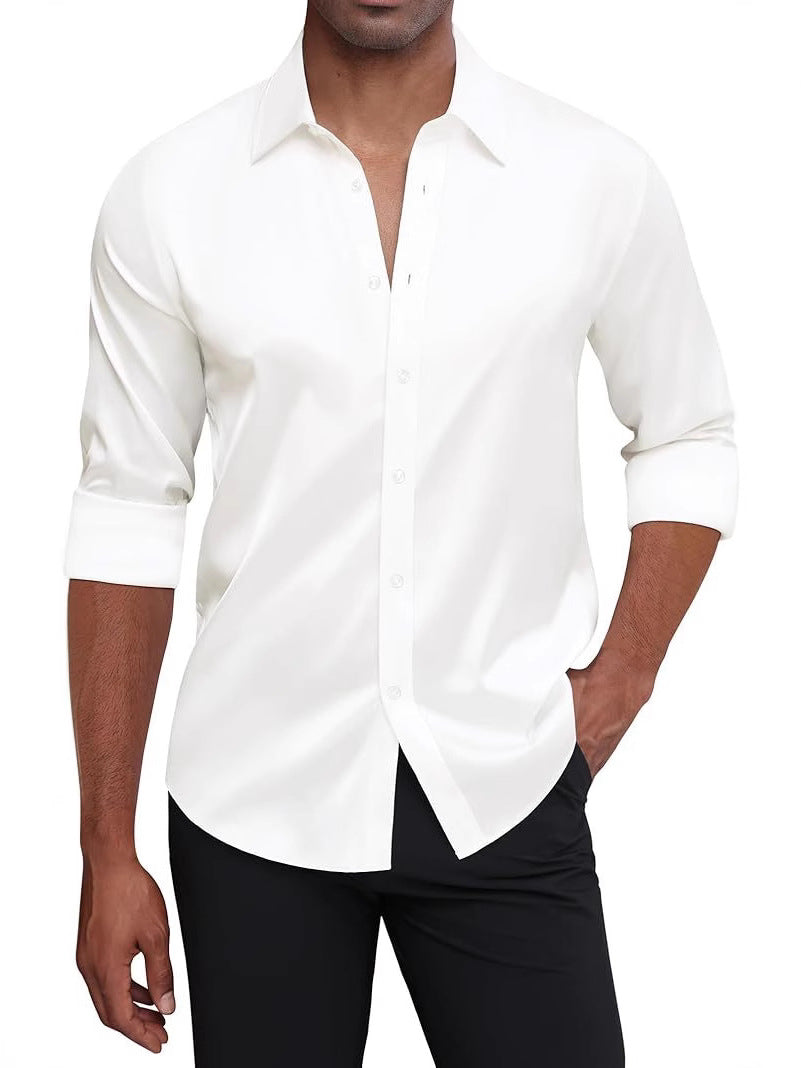 Men's silk satin long-sleeved dress shirt, business casual button-down shirt