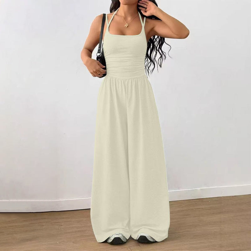 Backless Halter Ruched High Waist Wide Leg Jumpsuit