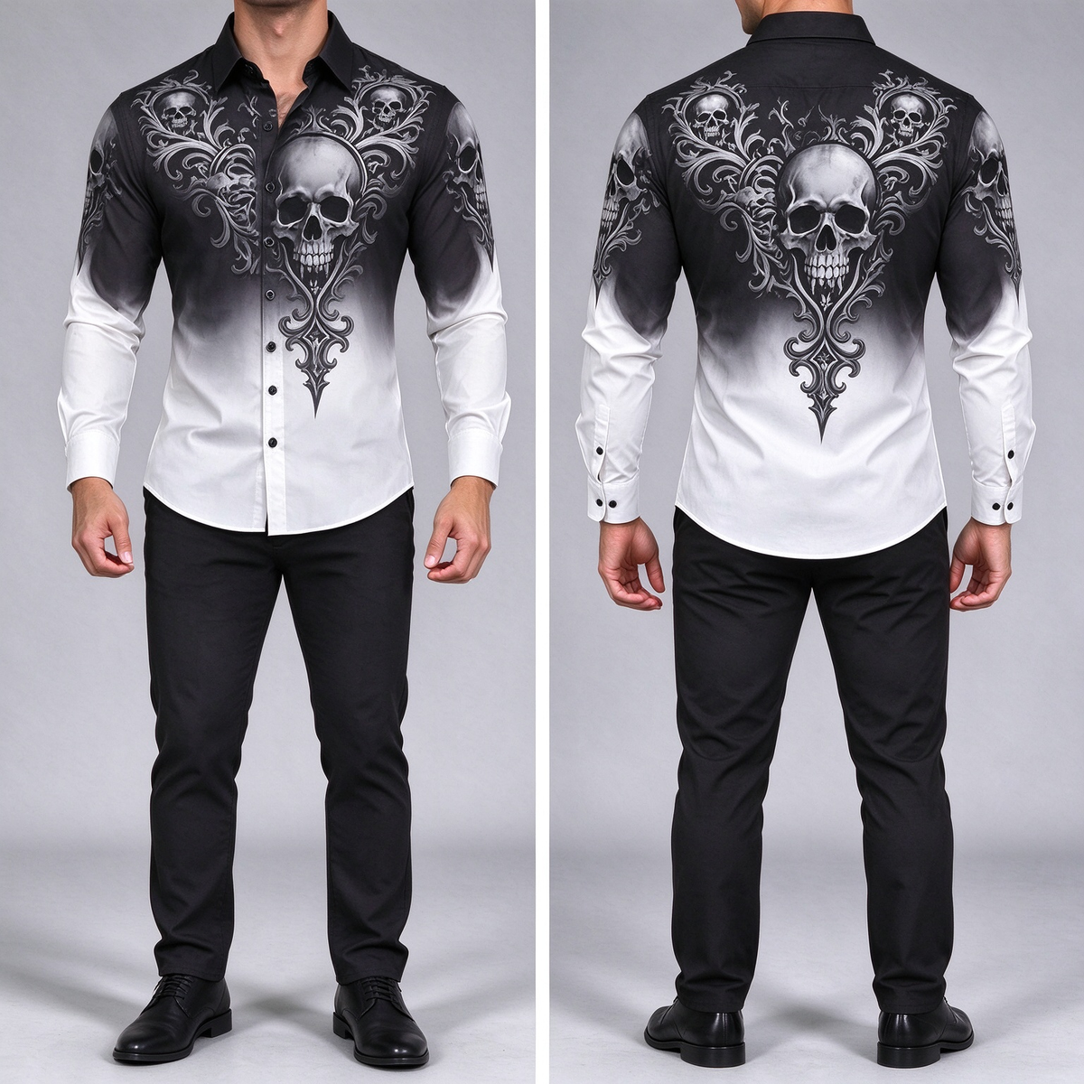 Black and white gradient skull print shirt