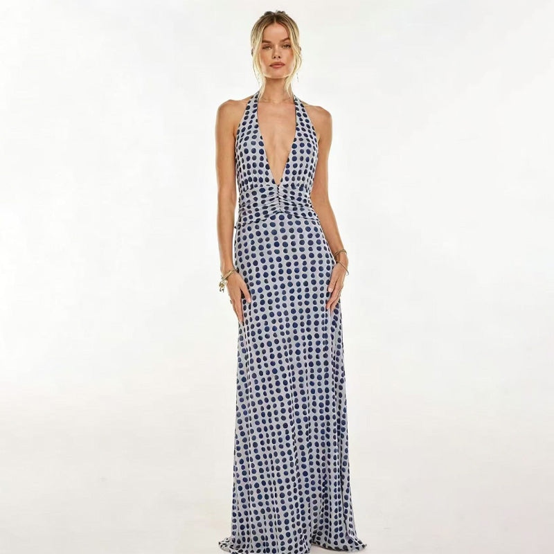 Floral print halter neck backless tie-up maxi dress