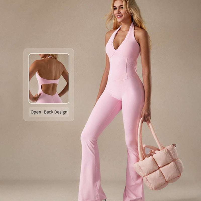 V-neck halter-neck flared jumpsuit