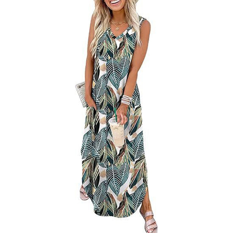 Casual sleeveless V-neck long dress