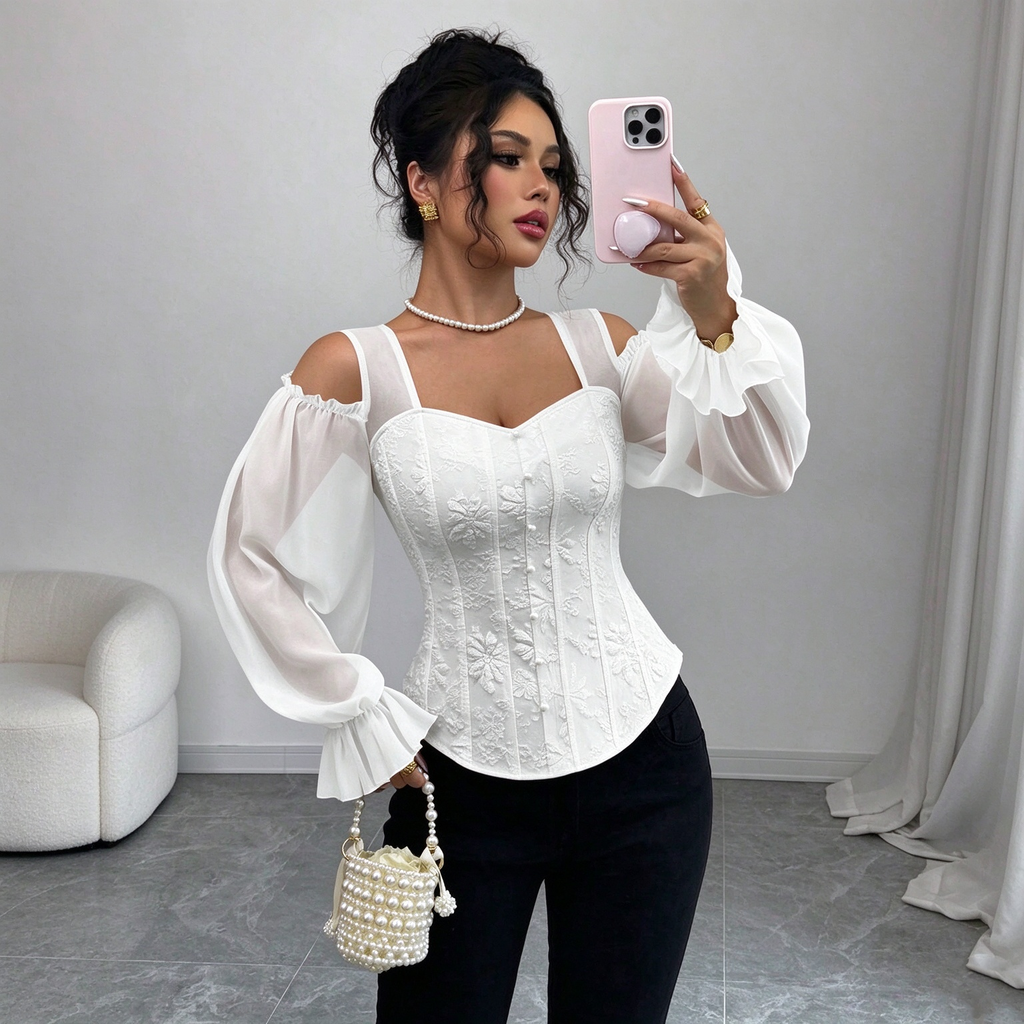 Ladies Elegant Cold Shoulder Floral Jacquard Shirt