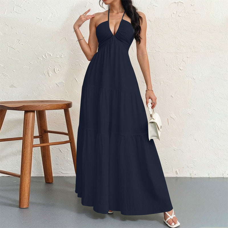 Backless halter-neck layered flowing long dress