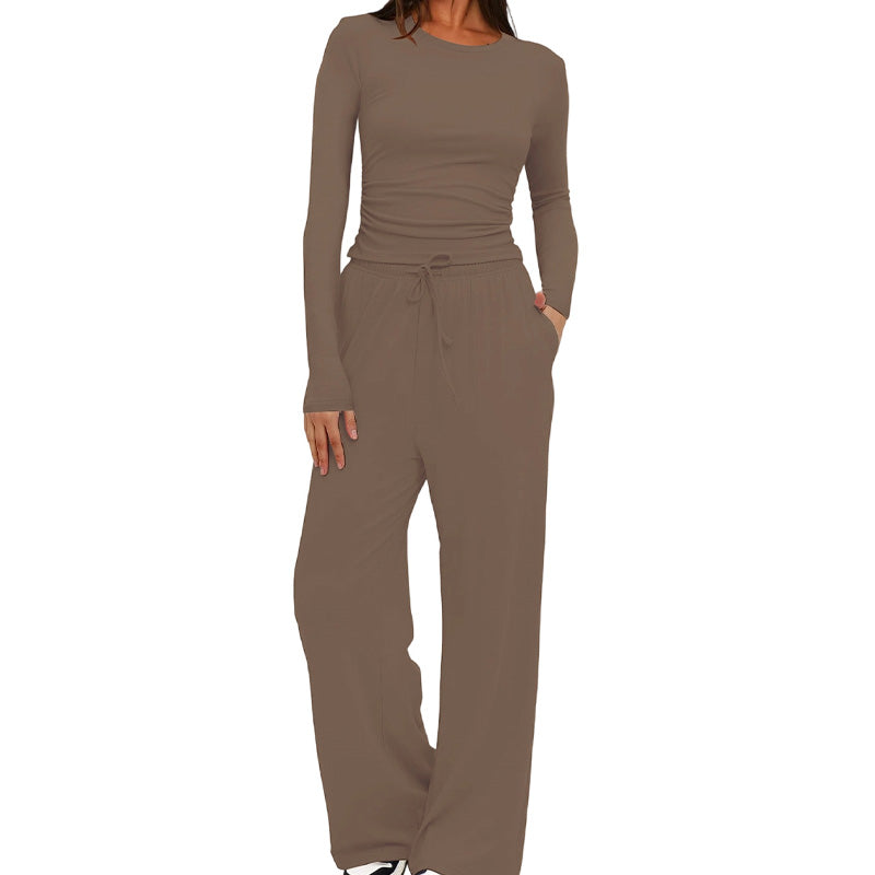 Casual long-sleeved high-waisted wide-leg pants suit