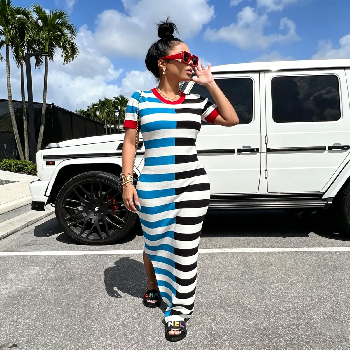 Color‑Block Striped Split Bodycon Maxi Dress