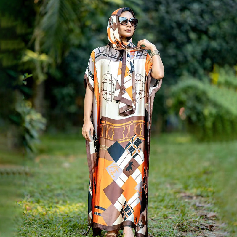Satin Geometric Print Long Dress Set