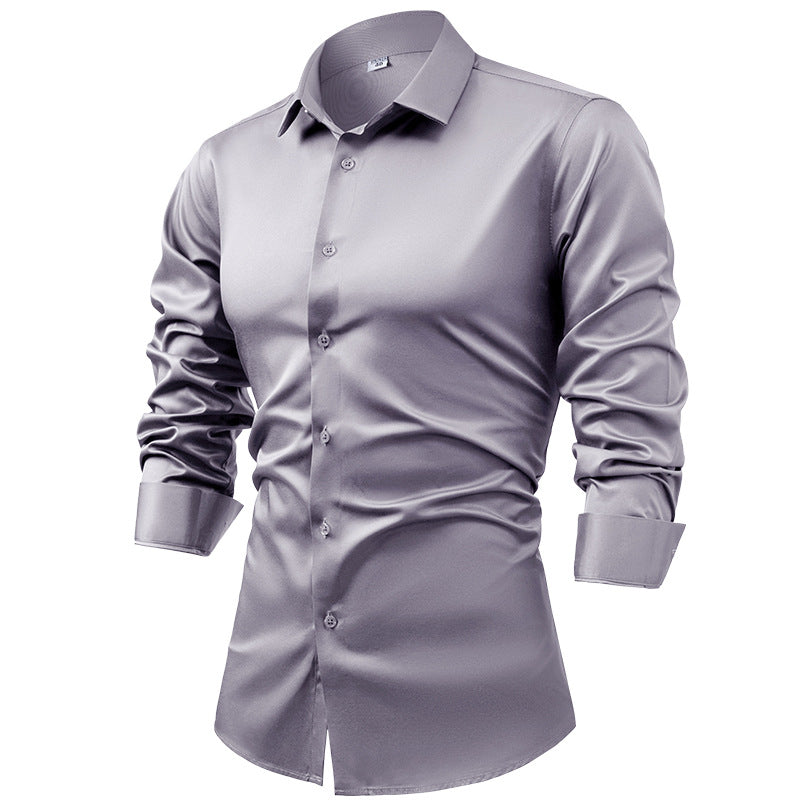 Men's silk satin long-sleeved dress shirt, business casual button-down shirt