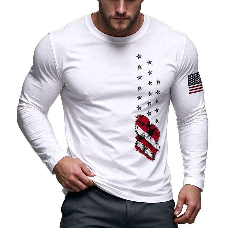 American Flag Print Mens Long Sleeve Tee