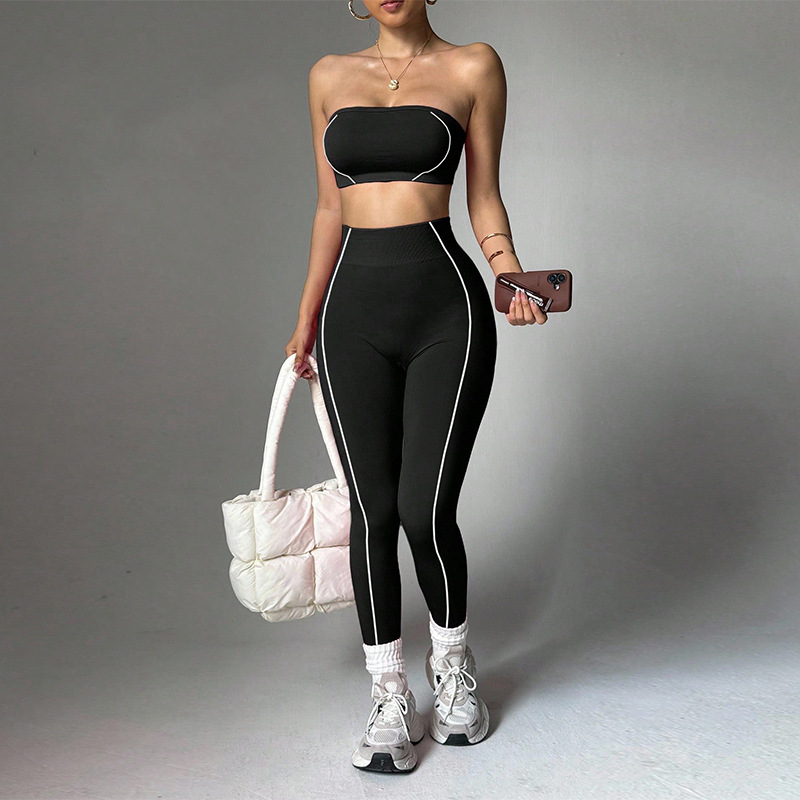 Contrast Piping Bandeau High Waist Yoga Set