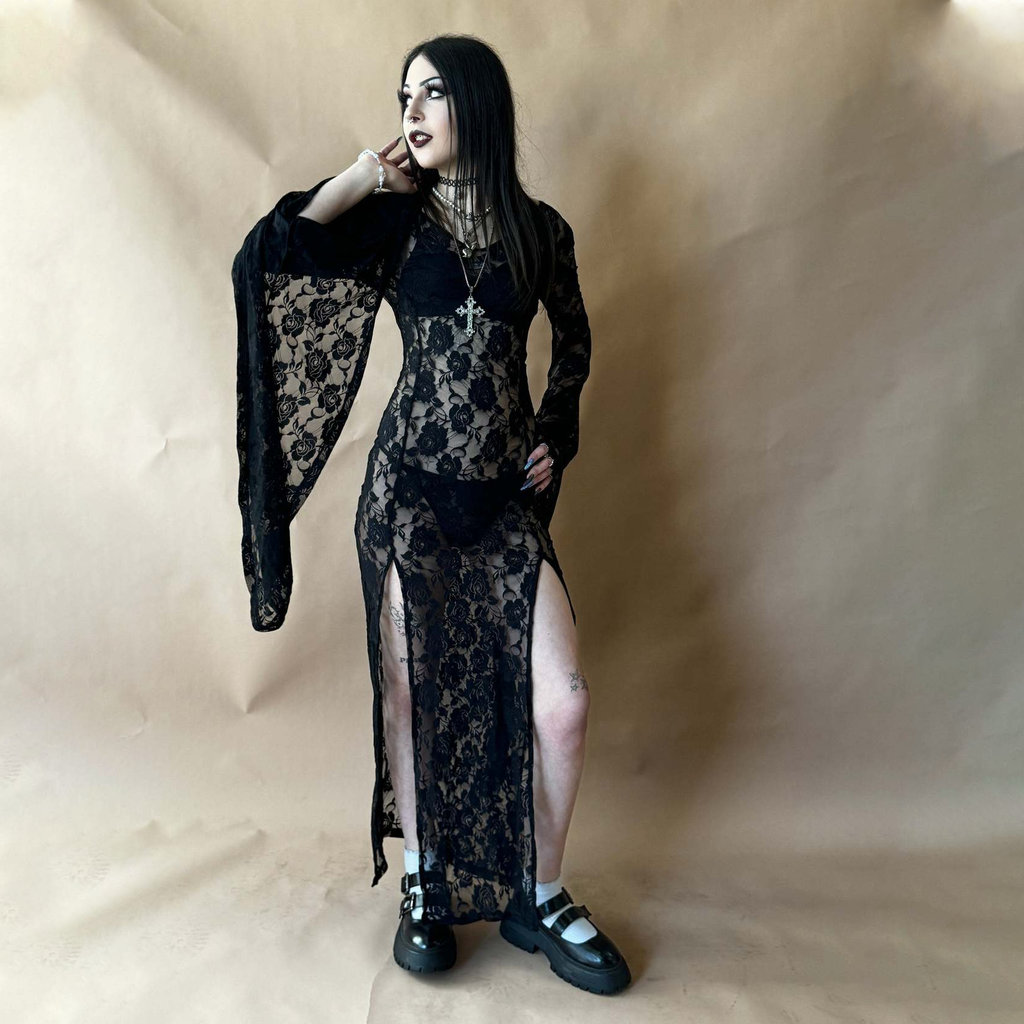 Gothic  Lace Bell Sleeve Slit Maxi Dress