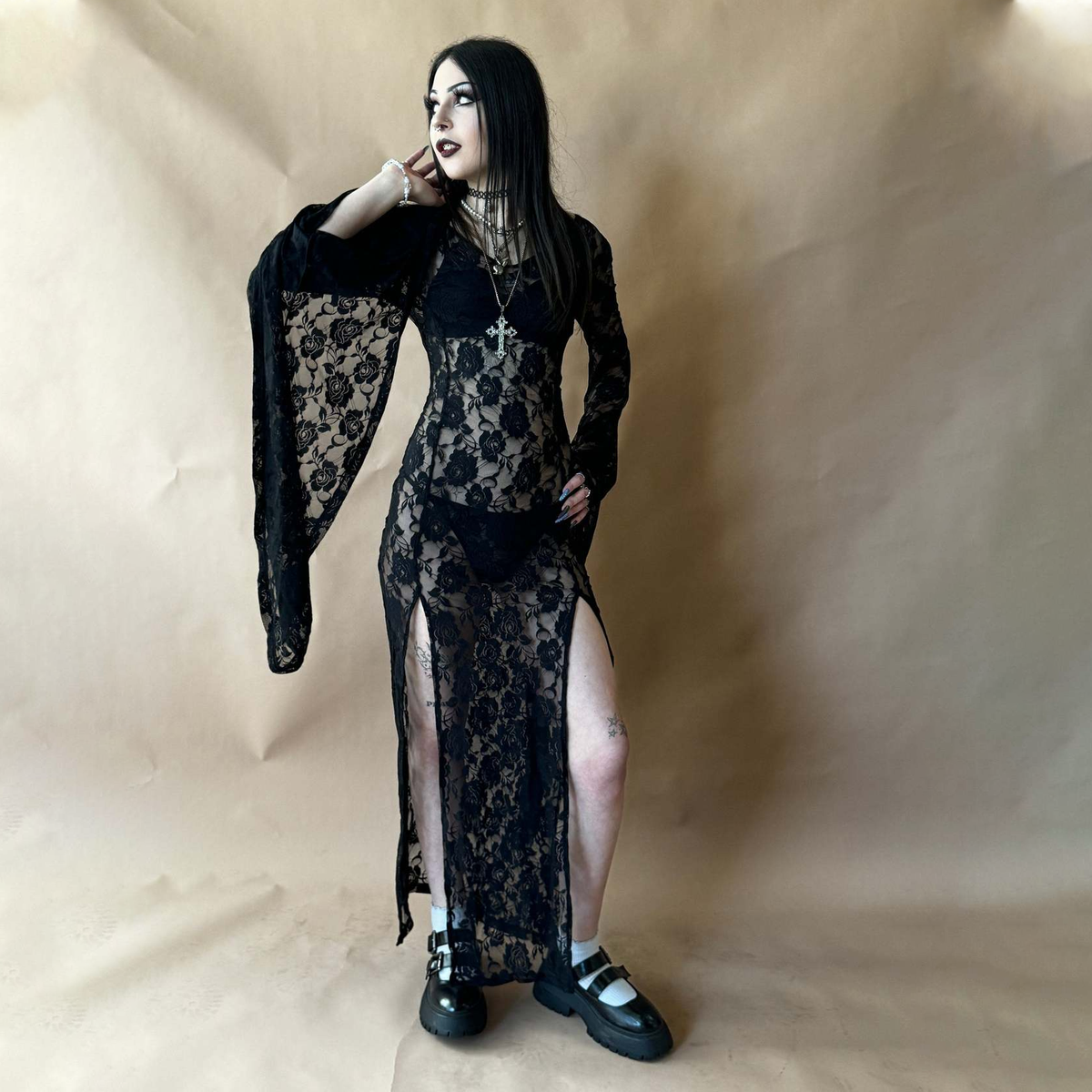 Gothic  Lace Bell Sleeve Slit Maxi Dress