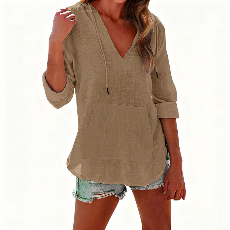 Beach Long-Sleeve V-Neck Hooded Shirt