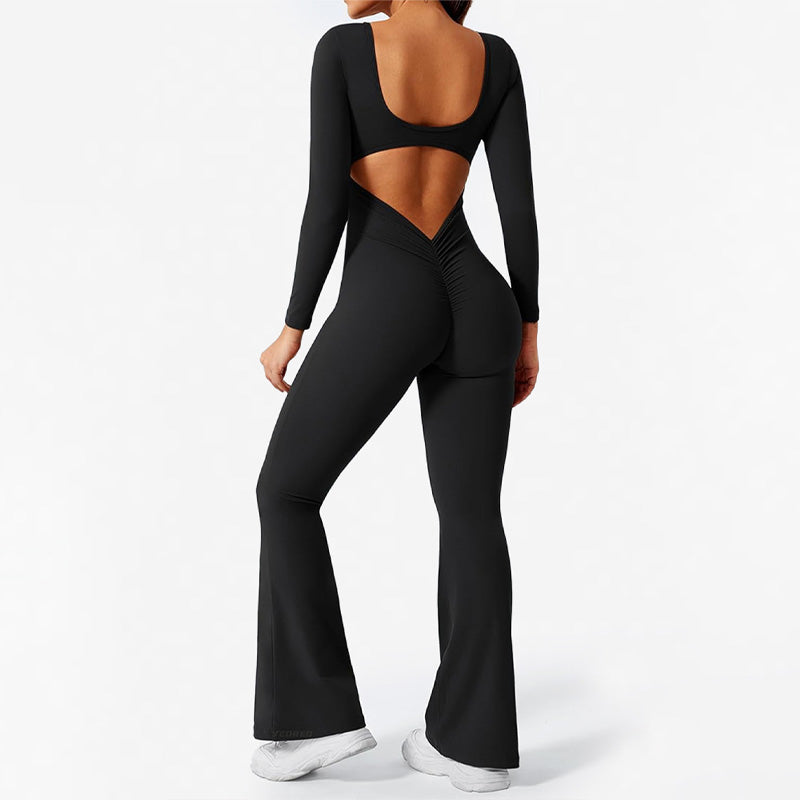 Pleated backless long-sleeved flared jumpsuit