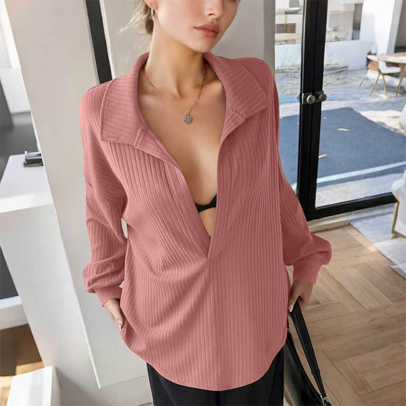Ribbed V-neck long-sleeved knit sweater