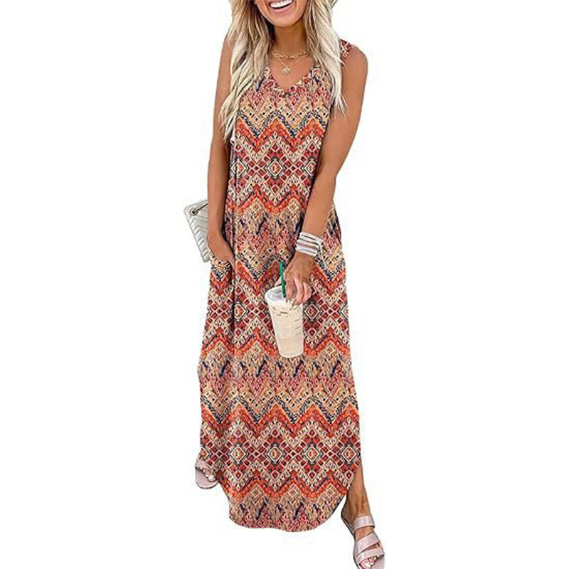 Casual sleeveless V-neck long dress
