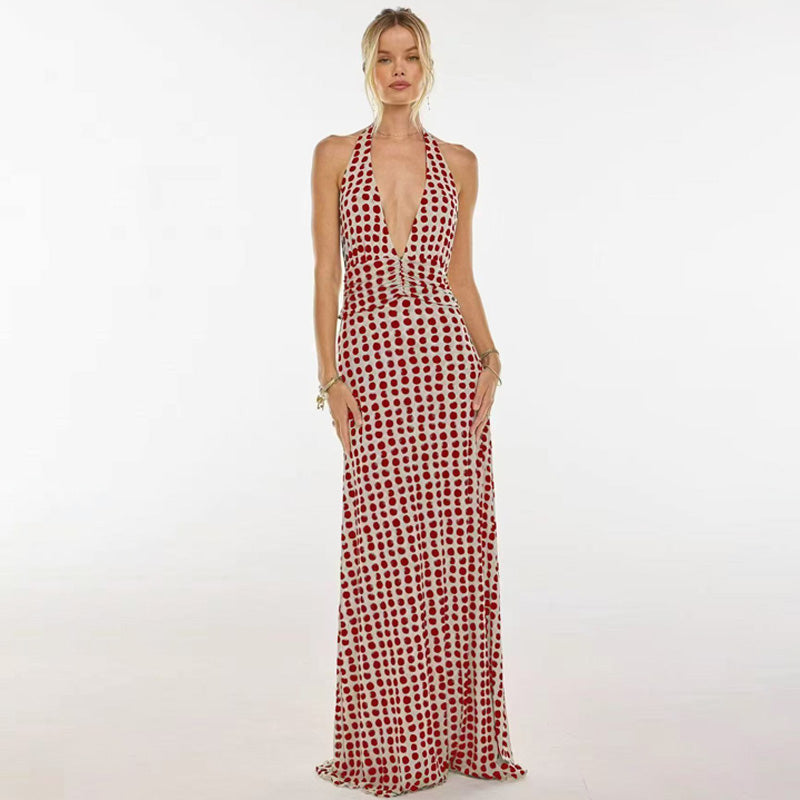 Floral print halter neck backless tie-up maxi dress