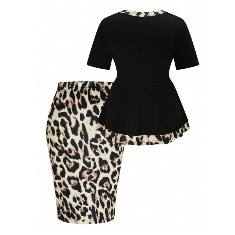 Fashionable leopard print ruffled skirt two-piece set
