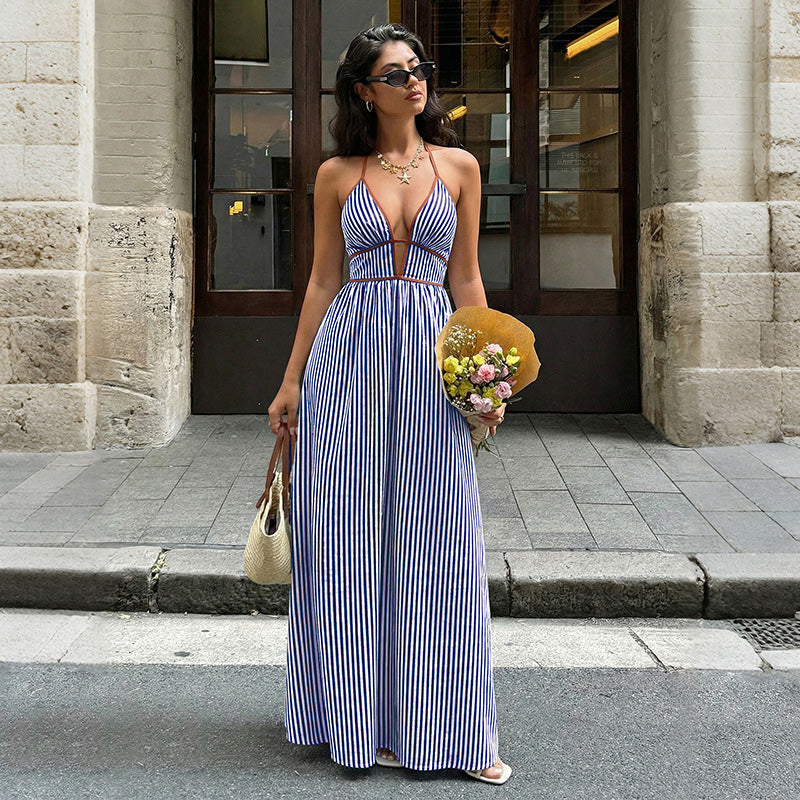Retro striped rope-trimmed suspender maxi dress