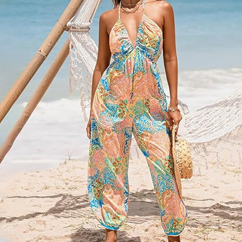 V-neck backless loose-fitting jumpsuit
