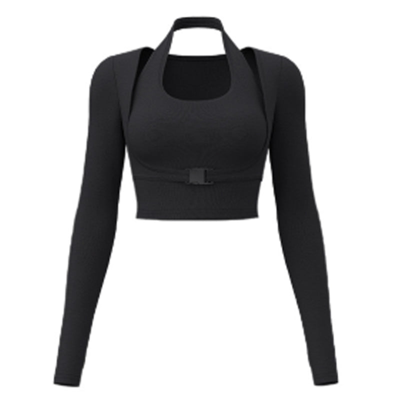 Halter Neck Layered Long Sleeve Yoga Crop Top