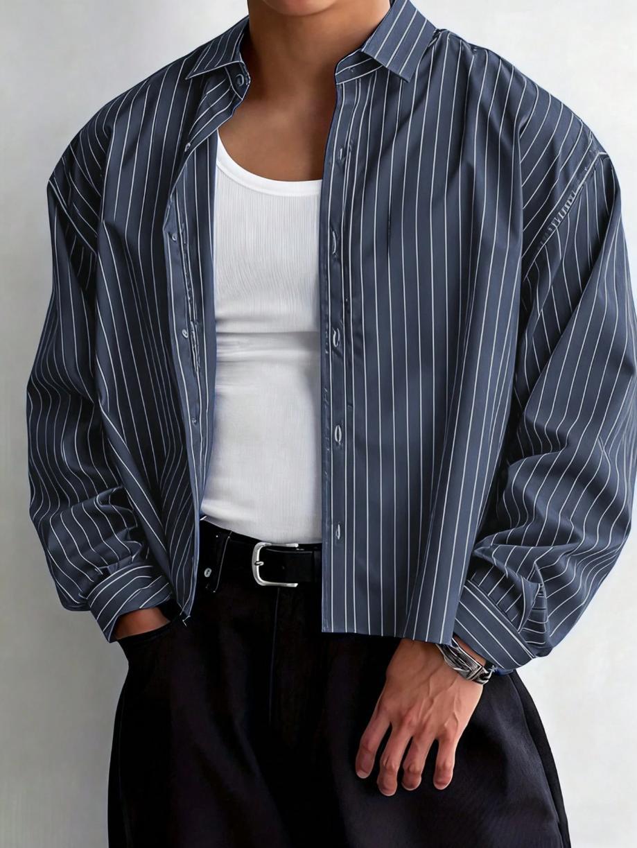 Men's striped shirt, loose-fitting long-sleeved solid color shirt