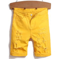Men's ripped yellow stretch mid-length straight leg distressed denim shorts