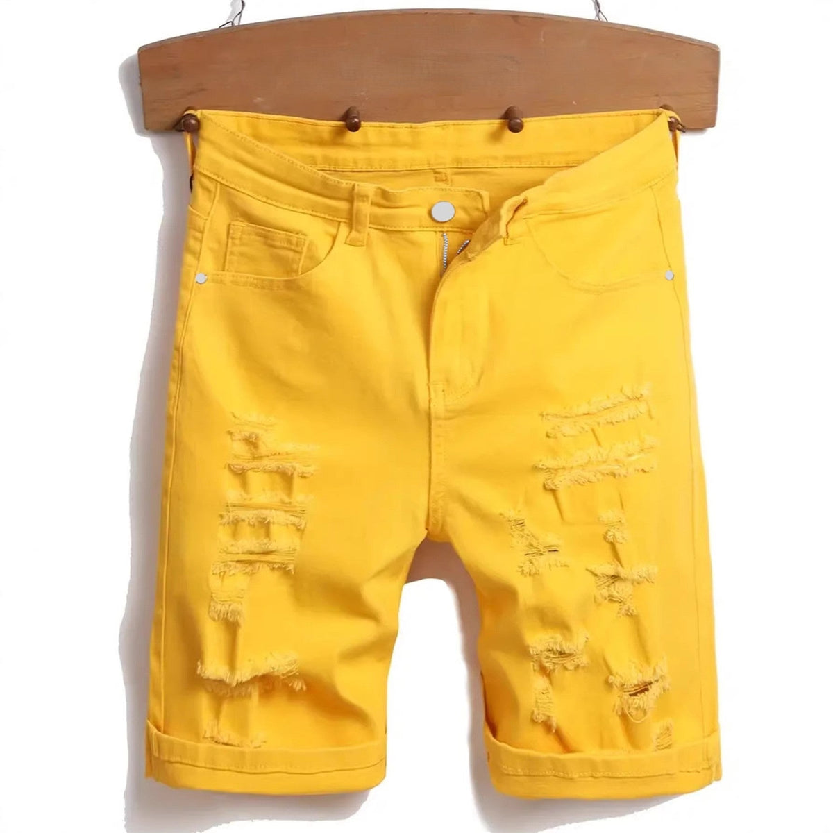 Men's ripped yellow stretch mid-length straight leg distressed denim shorts