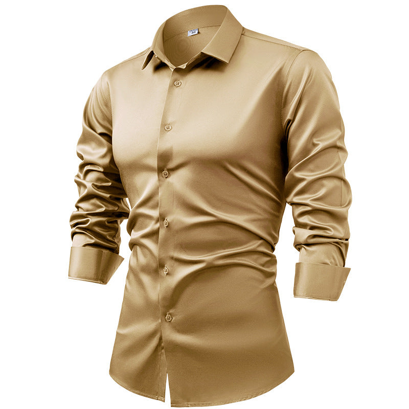 Men's silk satin long-sleeved dress shirt, business casual button-down shirt