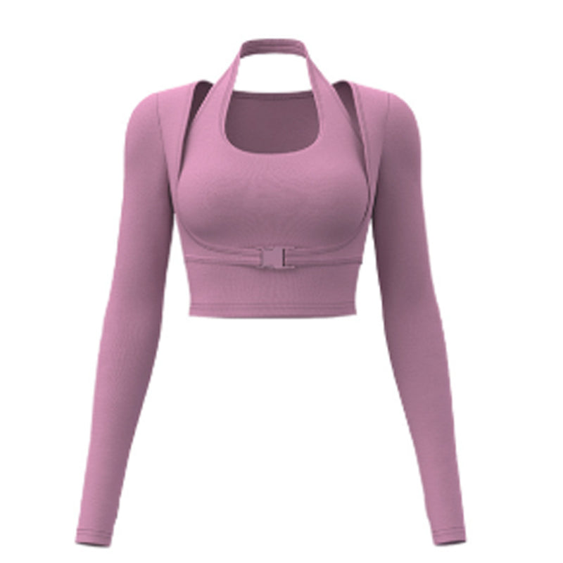 Halter Neck Layered Long Sleeve Yoga Crop Top