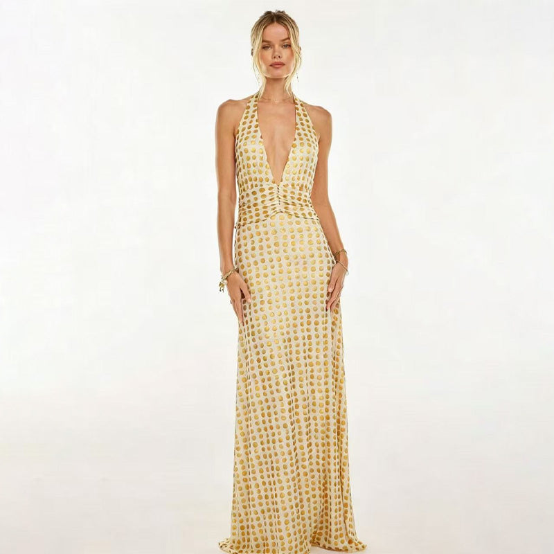 Floral print halter neck backless tie-up maxi dress