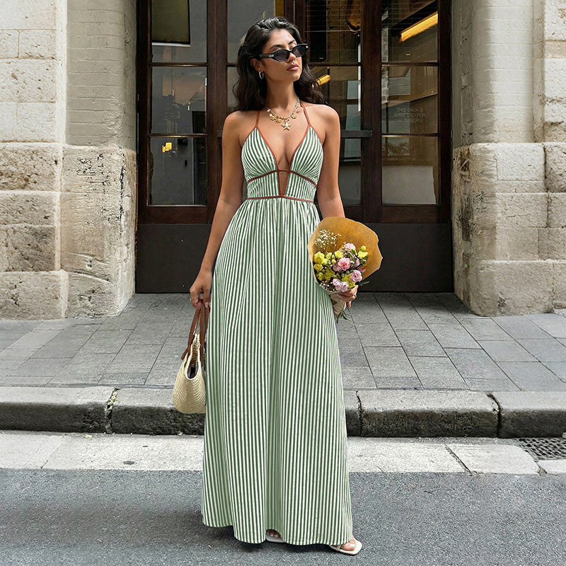 Retro striped rope-trimmed suspender maxi dress
